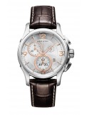 Reloj Hamilton Jazzmaster Chrono Quartz H32612555 – Reloj suizo de 42 mm con esfera plateada y correa de piel marrón