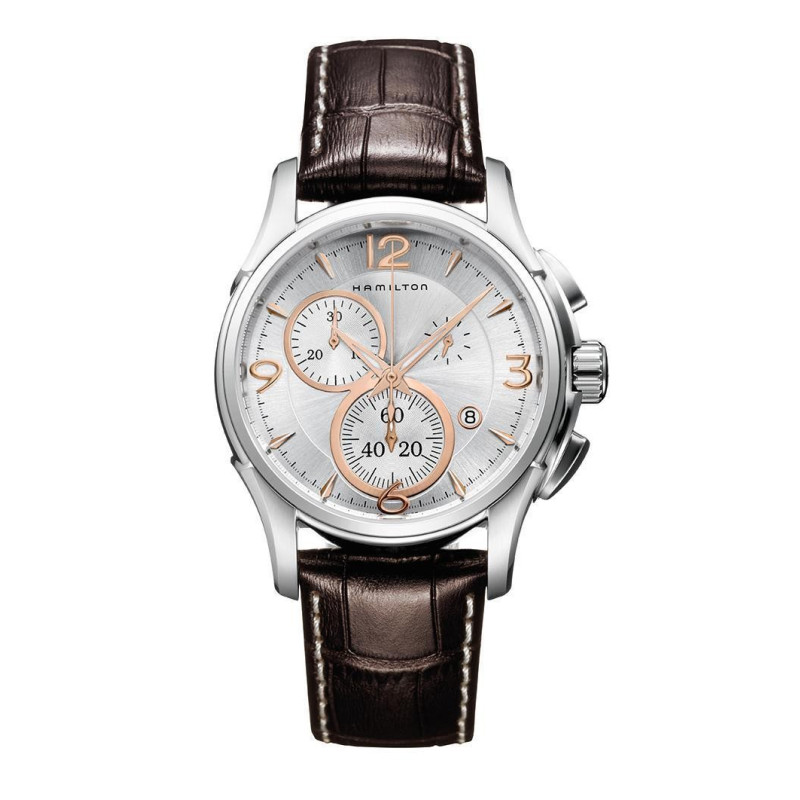 Reloj Hamilton Jazzmaster Chrono Quartz H32612555 – Reloj suizo de 42 mm con esfera plateada y correa de piel marrón