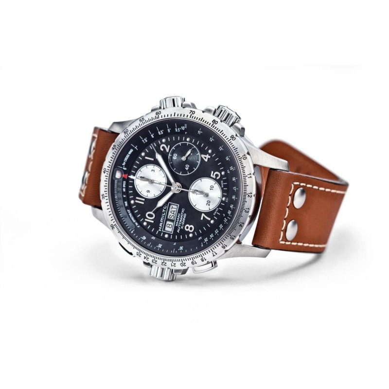 Reloj Hamilton Khaki Aviation X-Wind Auto Chrono H77616533 – Reloj automático de 44 mm con esfera negra y correa de piel marrón
