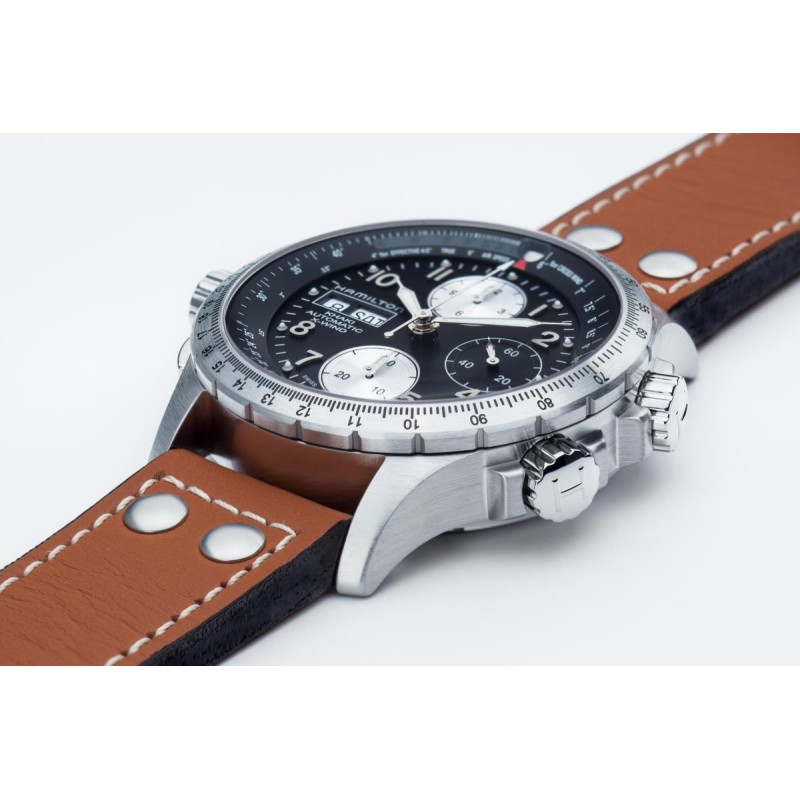 Reloj Hamilton Khaki Aviation X-Wind Auto Chrono H77616533 – Reloj automático de 44 mm con esfera negra y correa de piel marrón