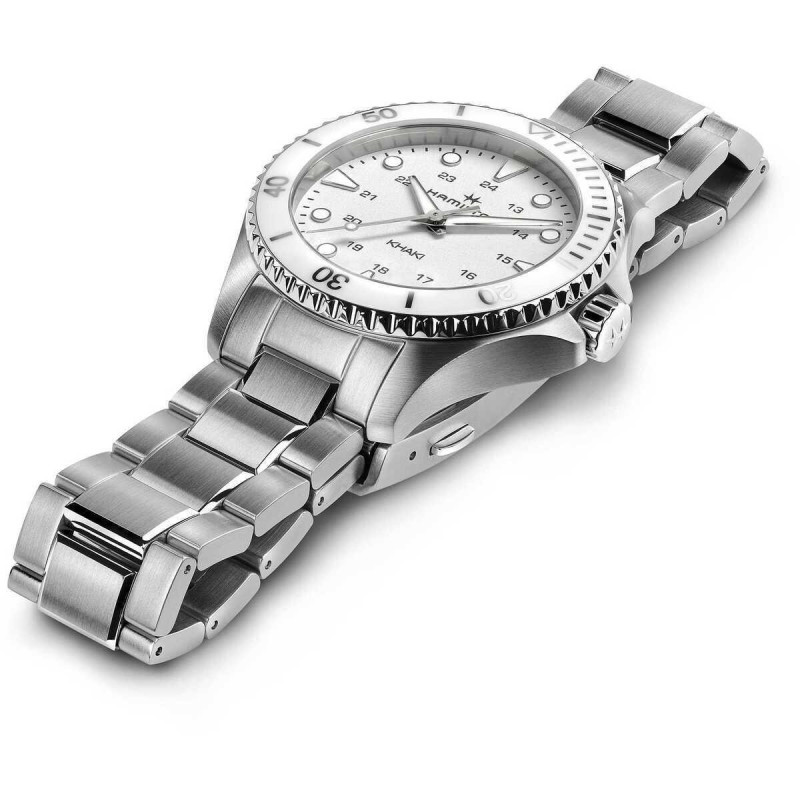 Reloj Hamilton Khaki Navy Scuba Quartz H82221110 – Reloj de cuarzo de 37 mm con esfera blanca y brazalete de acero inoxidable