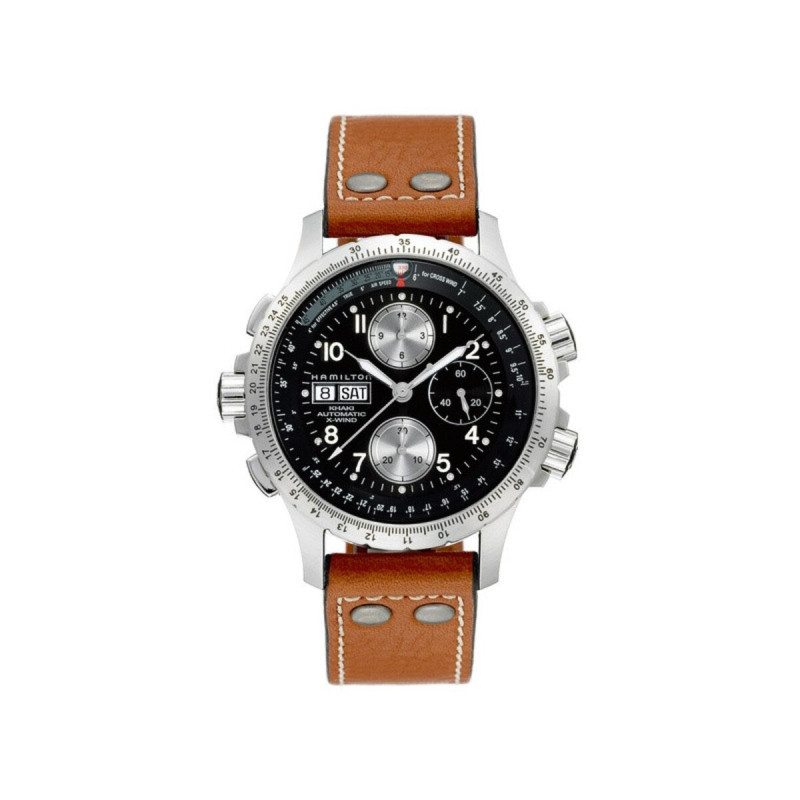 Reloj Hamilton Khaki Aviation X-Wind Auto Chrono H77616533 – Reloj automático de 44 mm con esfera negra y correa de piel marrón