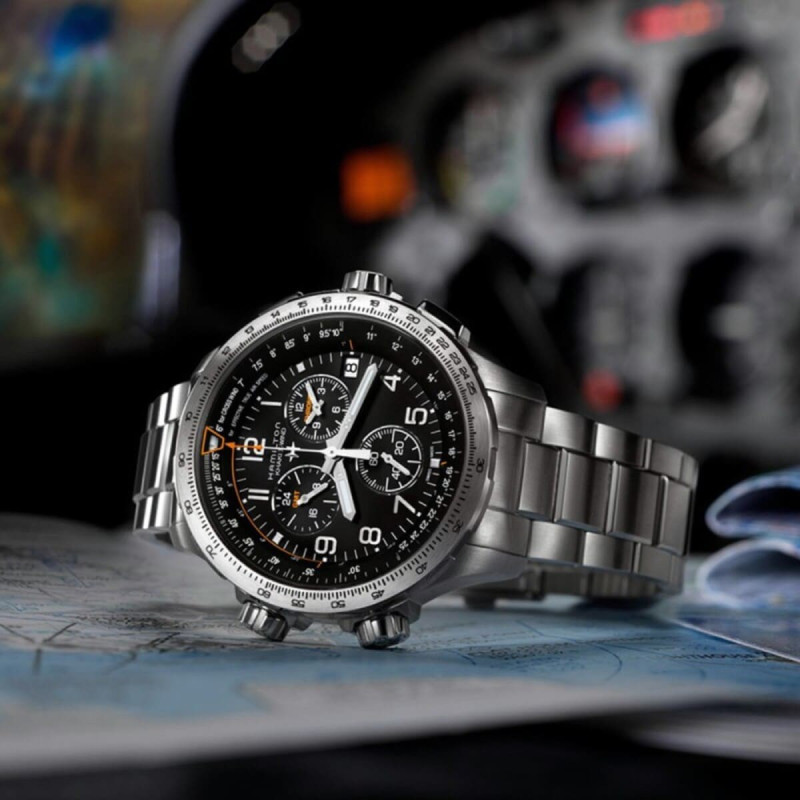 Reloj Hamilton Khaki Aviation X-Wind GMT Chrono Quartz H77912135 – Reloj de cuarzo de 46 mm con esfera negra y brazalete de acer