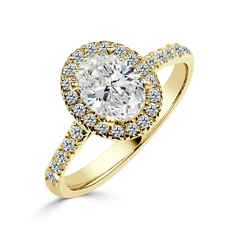Solitario oro amarillo halo oval diamante creado1,00CT ( 0,43CT brazo-halo)