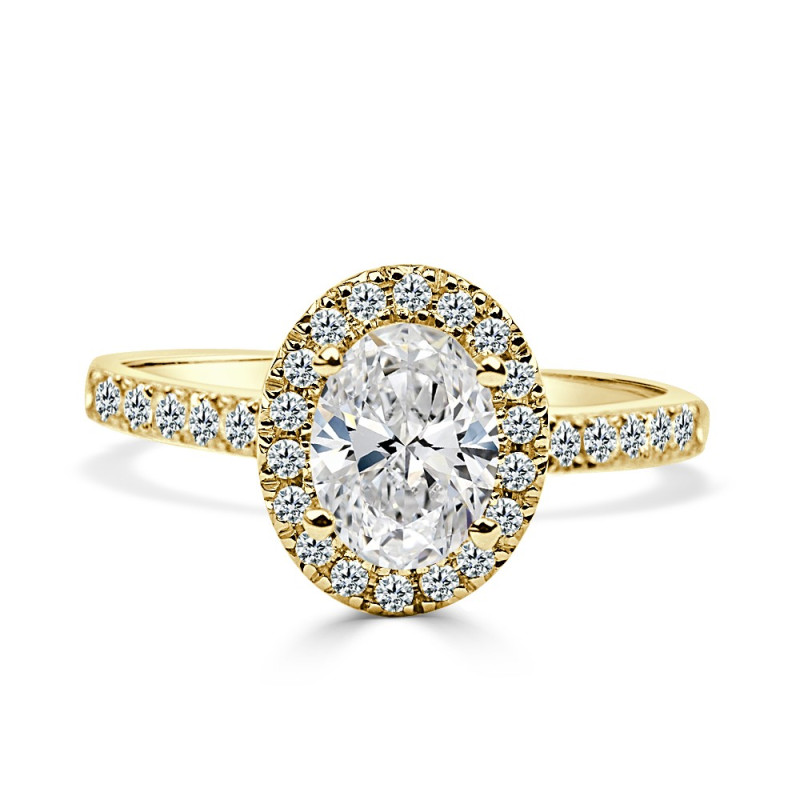 Solitario oro amarillo halo oval diamante creado1,00CT ( 0,43CT brazo-halo)