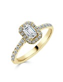 Solitario oro amarillo halo esmeralda diamante creado 0,50 CT + 0,37 CT