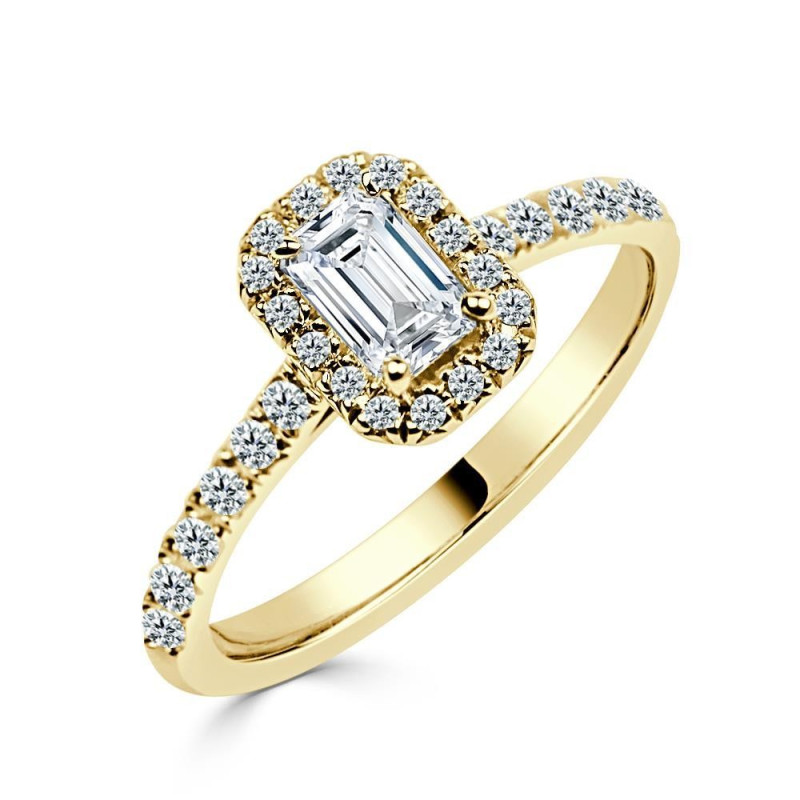Solitario oro amarillo halo esmeralda diamante creado 0,50 CT + 0,37 CT