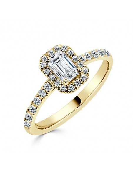 Solitario oro amarillo halo esmeralda diamante creado 0,50 CT + 0,37 CT