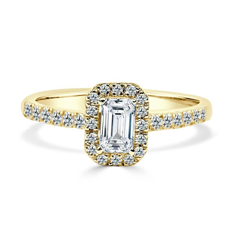 Solitario oro amarillo halo esmeralda diamante creado 0,50 CT + 0,37 CT