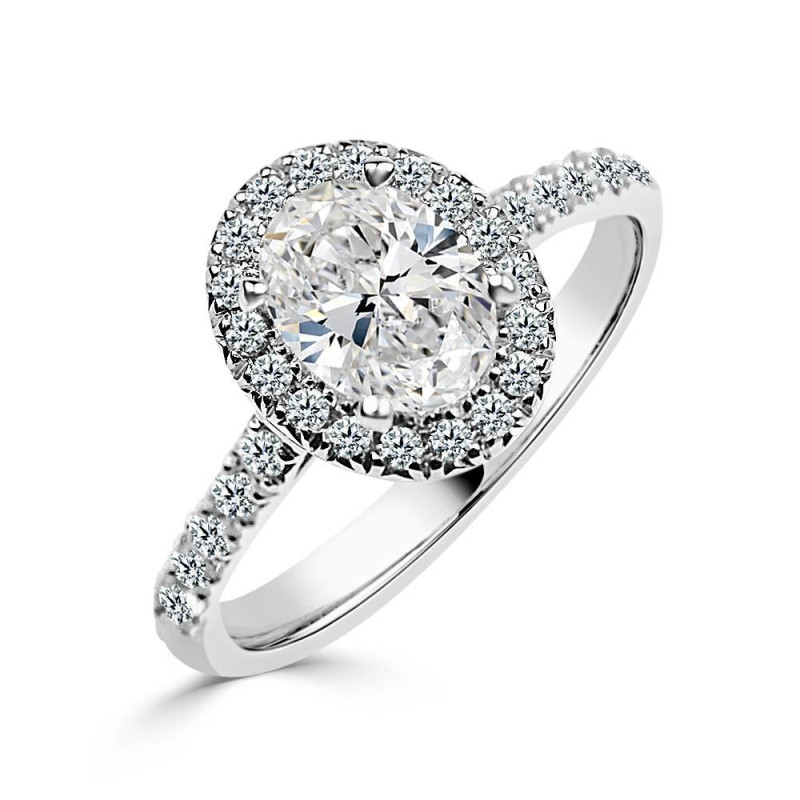 Solitario oro blanco halo oval diamante creado1,00CT ( 0,43CT brazo-halo)