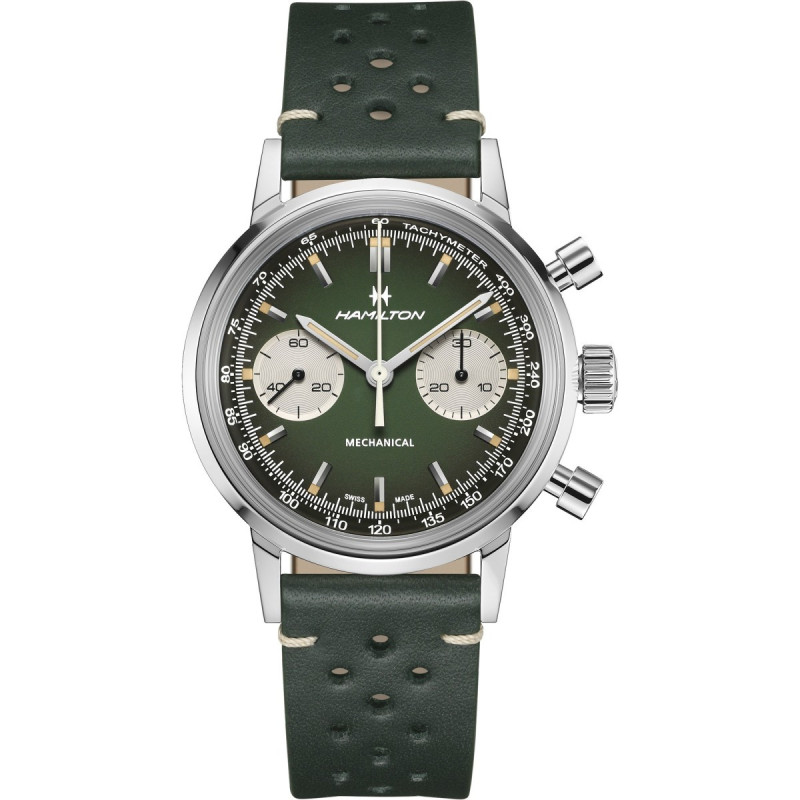 Reloj Hamilton American Classic Intra-Matic Chrono H H38429861 | Cronógrafo mecánico verde y malla milanesa | Joyería Bellido