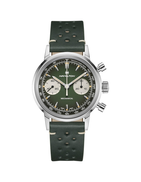 Reloj Hamilton American Classic Intra-Matic Chrono H H38429861 | Cronógrafo mecánico verde y malla milanesa | Joyería Bellido