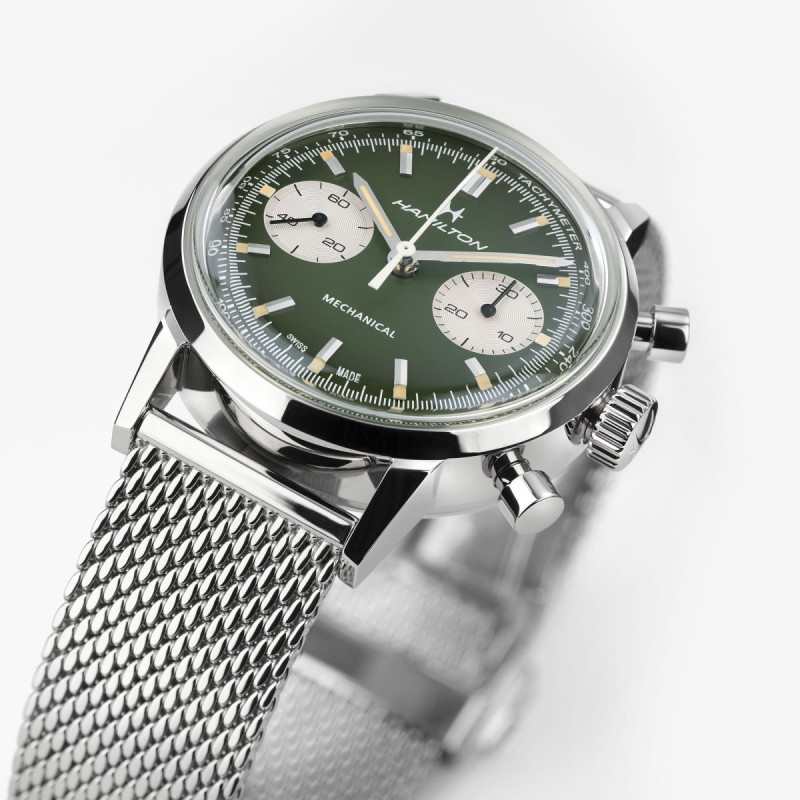 Reloj Hamilton American Classic Intra-Matic Chrono H H38429861 | Cronógrafo mecánico verde y malla milanesa | Joyería Bellido