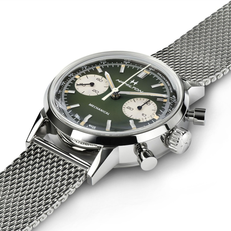 Reloj Hamilton American Classic Intra-Matic Chrono H H38429861 | Cronógrafo mecánico verde y malla milanesa | Joyería Bellido