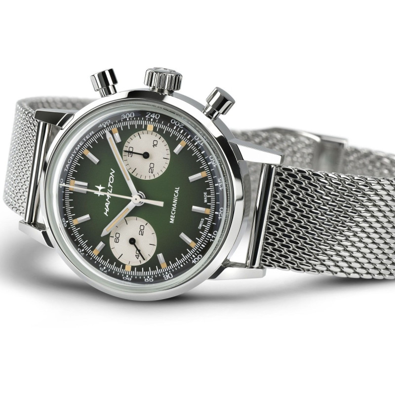 Reloj Hamilton American Classic Intra-Matic Chrono H H38429861 | Cronógrafo mecánico verde y malla milanesa | Joyería Bellido