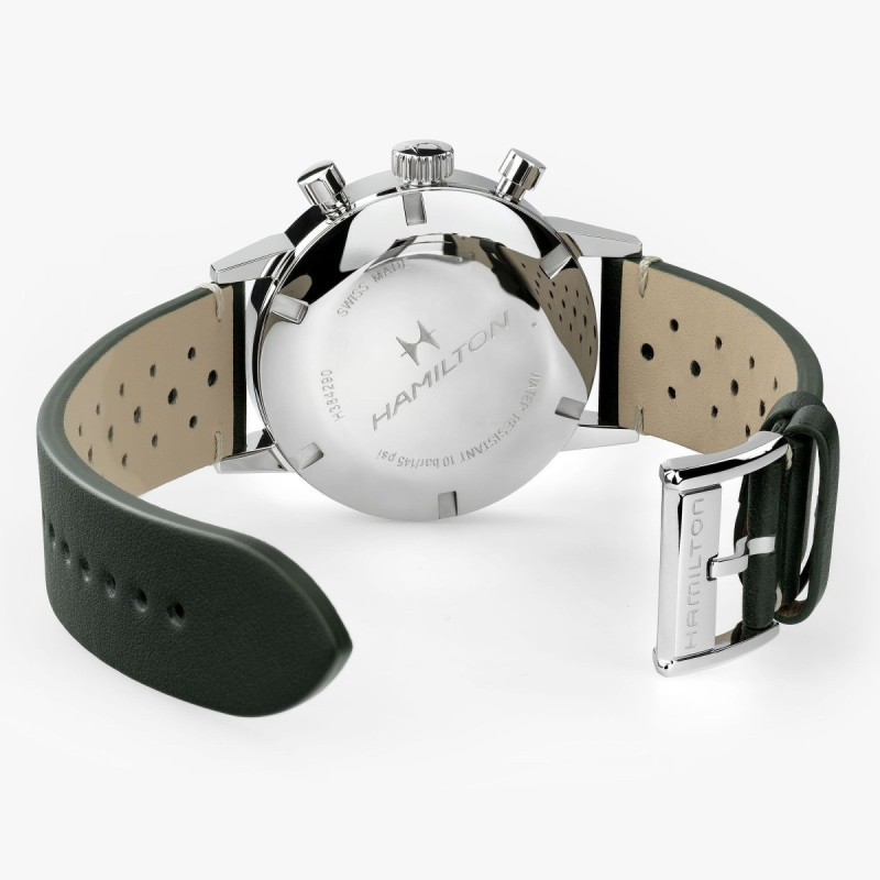 Reloj Hamilton American Classic Intra-Matic Chrono H H38429861 | Cronógrafo mecánico verde y malla milanesa | Joyería Bellido
