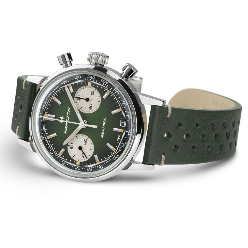 Reloj Hamilton American Classic Intra-Matic Chrono H H38429861 | Cronógrafo mecánico verde y malla milanesa | Joyería Bellido