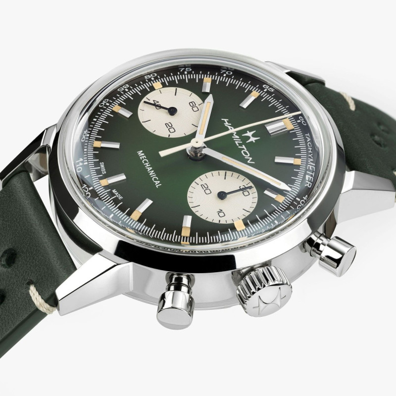 Reloj Hamilton American Classic Intra-Matic Chrono H H38429861 | Cronógrafo mecánico verde y malla milanesa | Joyería Bellido