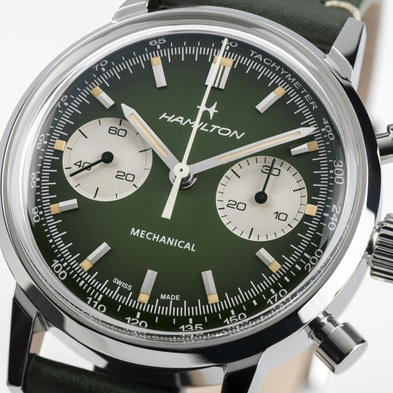 Reloj Hamilton American Classic Intra-Matic Chrono H H38429861 | Cronógrafo mecánico verde y malla milanesa | Joyería Bellido