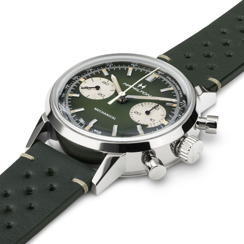Reloj Hamilton American Classic Intra-Matic Chrono H H38429861 | Cronógrafo mecánico verde y malla milanesa | Joyería Bellido