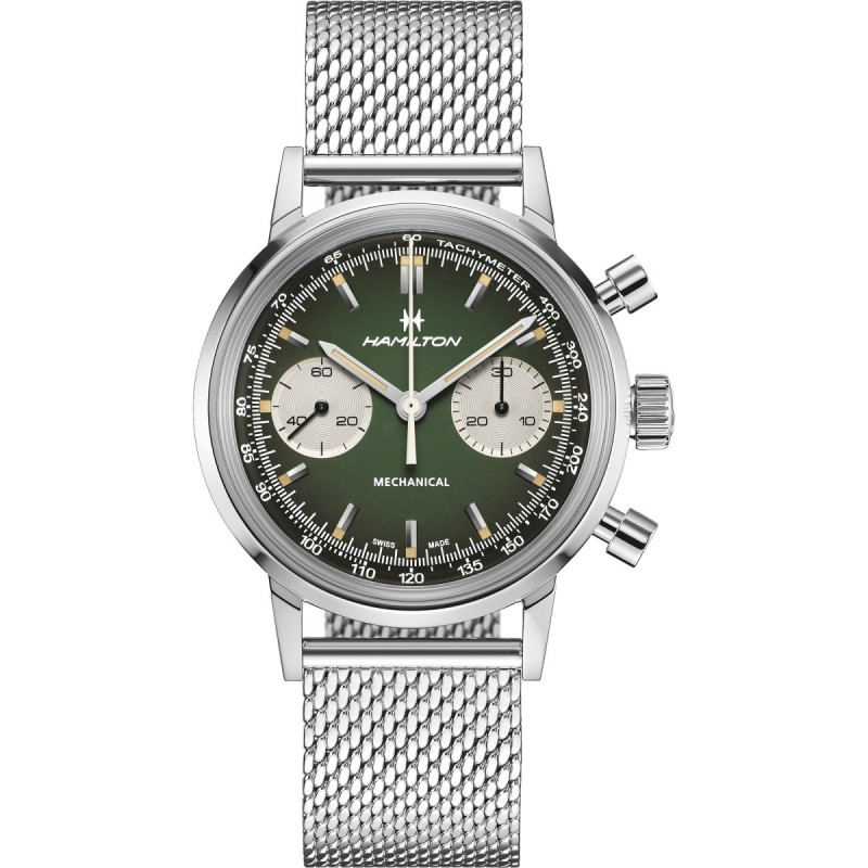 Reloj Hamilton American Classic Intra-Matic Chrono H H38429861 | Cronógrafo mecánico verde y malla milanesa | Joyería Bellido