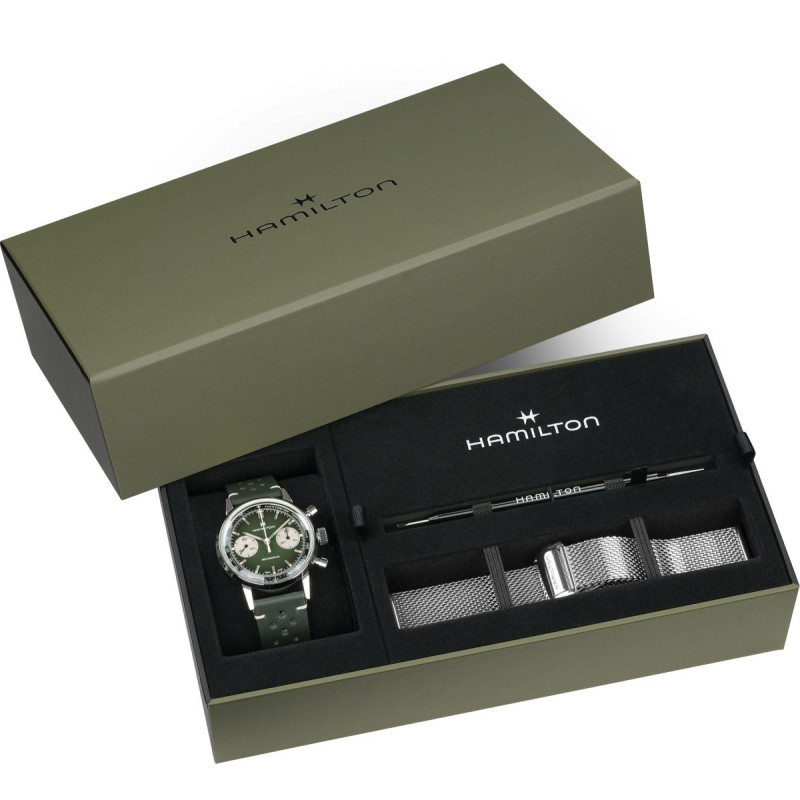 Reloj Hamilton American Classic Intra-Matic Chrono H H38429861 | Cronógrafo mecánico verde y malla milanesa | Joyería Bellido