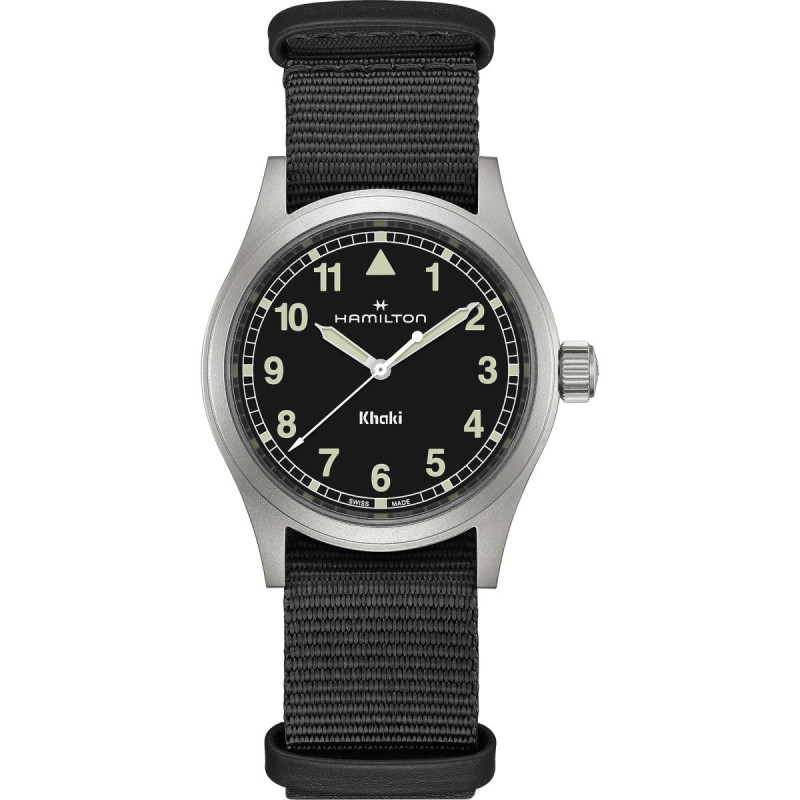 Reloj Hamilton Khaki Field Quartz 38 mm H69401430 | Cuarzo suizo, esfera negra y correa NATO | Joyería Bellido
