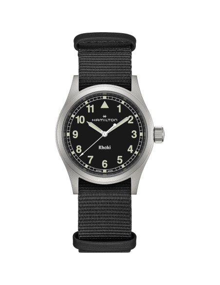 Reloj Hamilton Khaki Field Quartz 38 mm H69401430 | Cuarzo suizo, esfera negra y correa NATO | Joyería Bellido