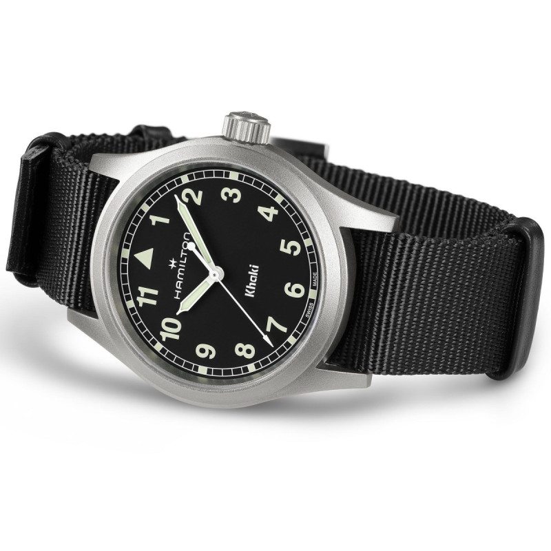 Reloj Hamilton Khaki Field Quartz 38 mm H69401430 | Cuarzo suizo, esfera negra y correa NATO | Joyería Bellido