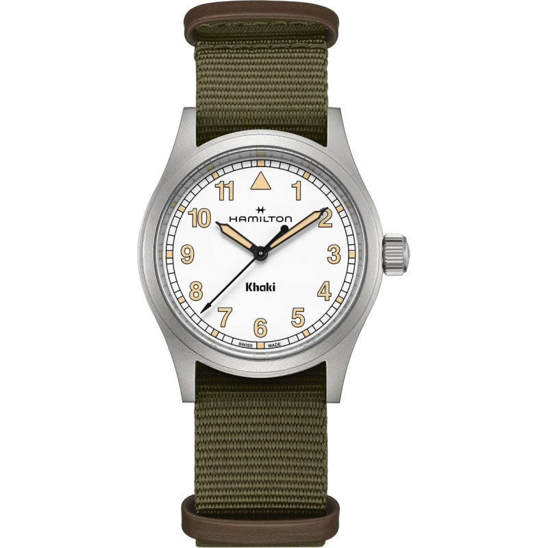 Reloj Hamilton Khaki Field Quartz 38 mm H69401910 | Cuarzo suizo, esfera blanca y correa NATO verde | Joyería Bellido