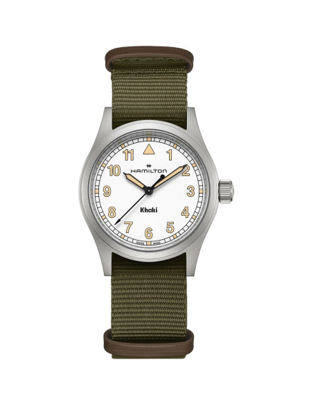 Reloj Hamilton Khaki Field Quartz 38 mm H69401910 | Cuarzo suizo, esfera blanca y correa NATO verde | Joyería Bellido