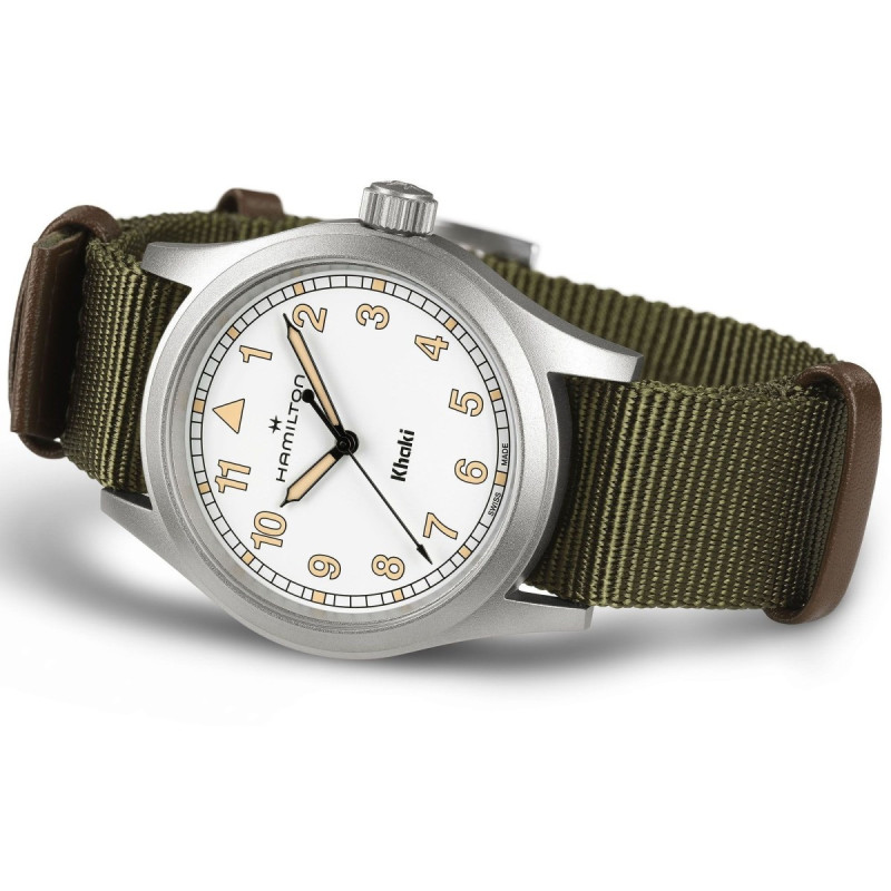 Reloj Hamilton Khaki Field Quartz 38 mm H69401910 | Cuarzo suizo, esfera blanca y correa NATO verde | Joyería Bellido