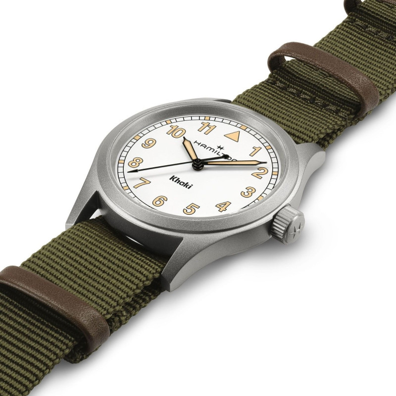 Reloj Hamilton Khaki Field Quartz 38 mm H69401910 | Cuarzo suizo, esfera blanca y correa NATO verde | Joyería Bellido