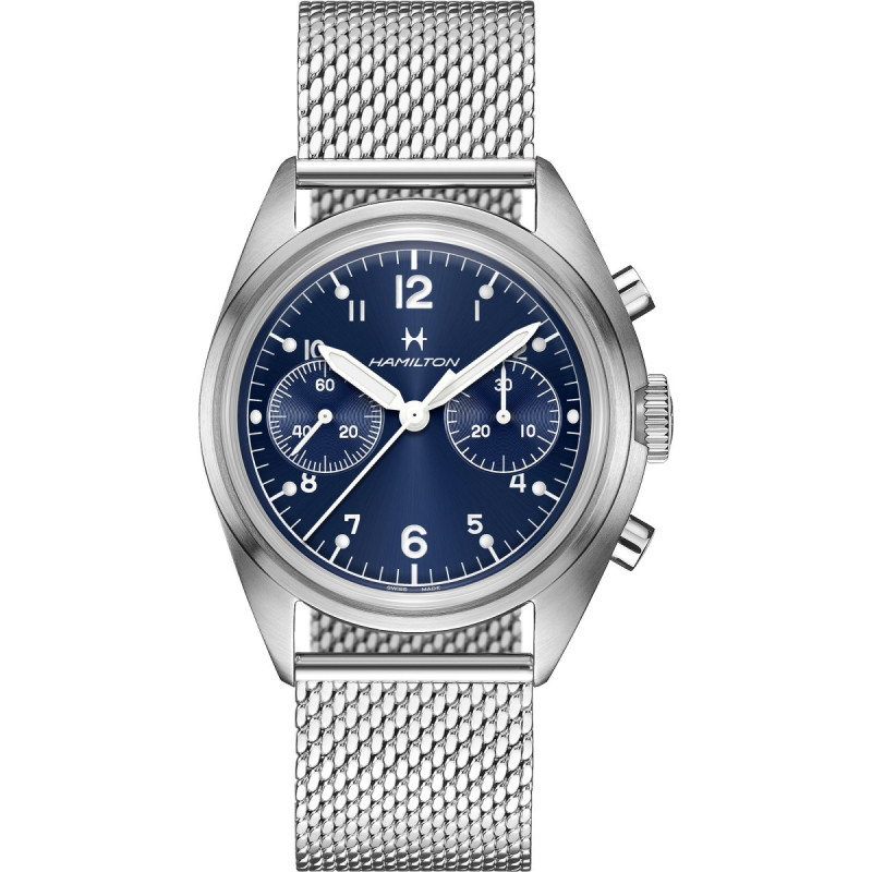 Reloj Hamilton Khaki Aviation Pilot Pioneer Mechanical Chronograph H76409140 | Cronógrafo mecánico azul y caja acero | Joyería B