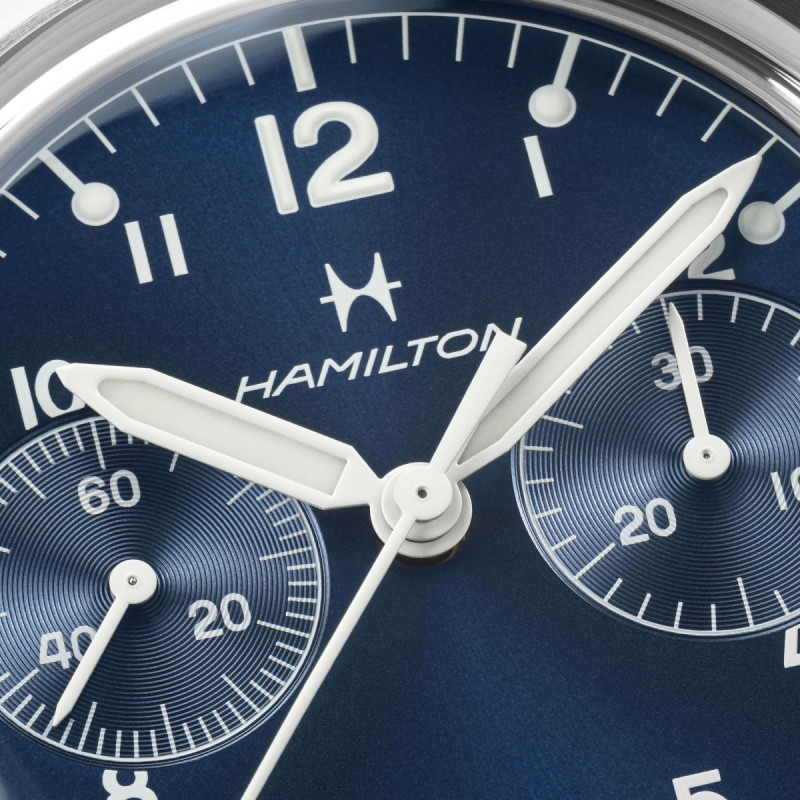 Reloj Hamilton Khaki Aviation Pilot Pioneer Mechanical Chronograph H76409140 | Cronógrafo mecánico azul y caja acero | Joyería B