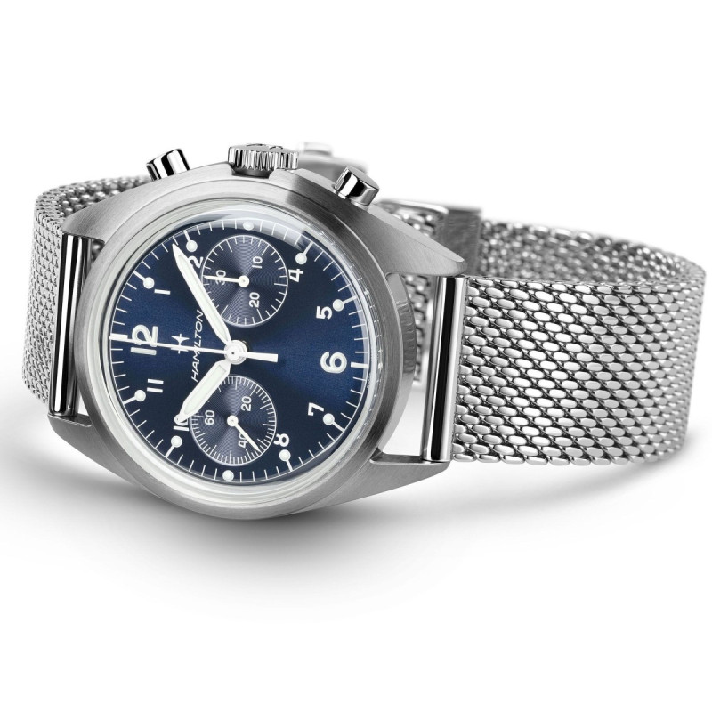 Reloj Hamilton Khaki Aviation Pilot Pioneer Mechanical Chronograph H76409140 | Cronógrafo mecánico azul y caja acero | Joyería B