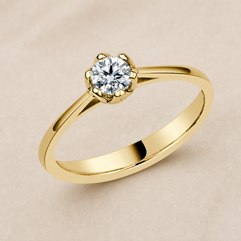 Solitario oro amarillo de seis garras · vista en tres cuartos, diamante creado 0,30 ct | Joyería Bellido