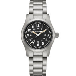 Hamilton Khaki Field Cuerda Manual 38mm Esfera negra Brazalete de acero H69439131