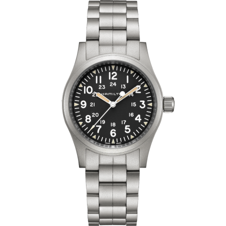 Hamilton Khaki Field Cuerda Manual 38mm Esfera negra Brazalete de acero H69439131