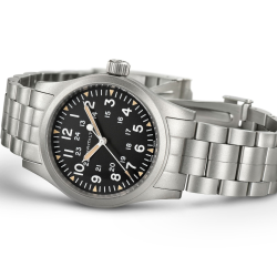 Hamilton Khaki Field Cuerda Manual 38mm Esfera negra Brazalete de acero H69439131 - correa enrollada