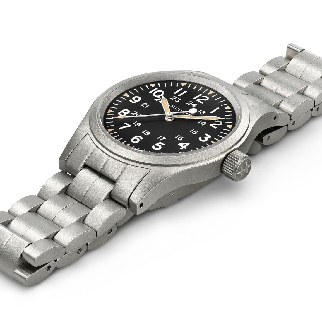 Hamilton Khaki Field Cuerda Manual 38mm Esfera negra Brazalete de acero H69439131 - correa extendida