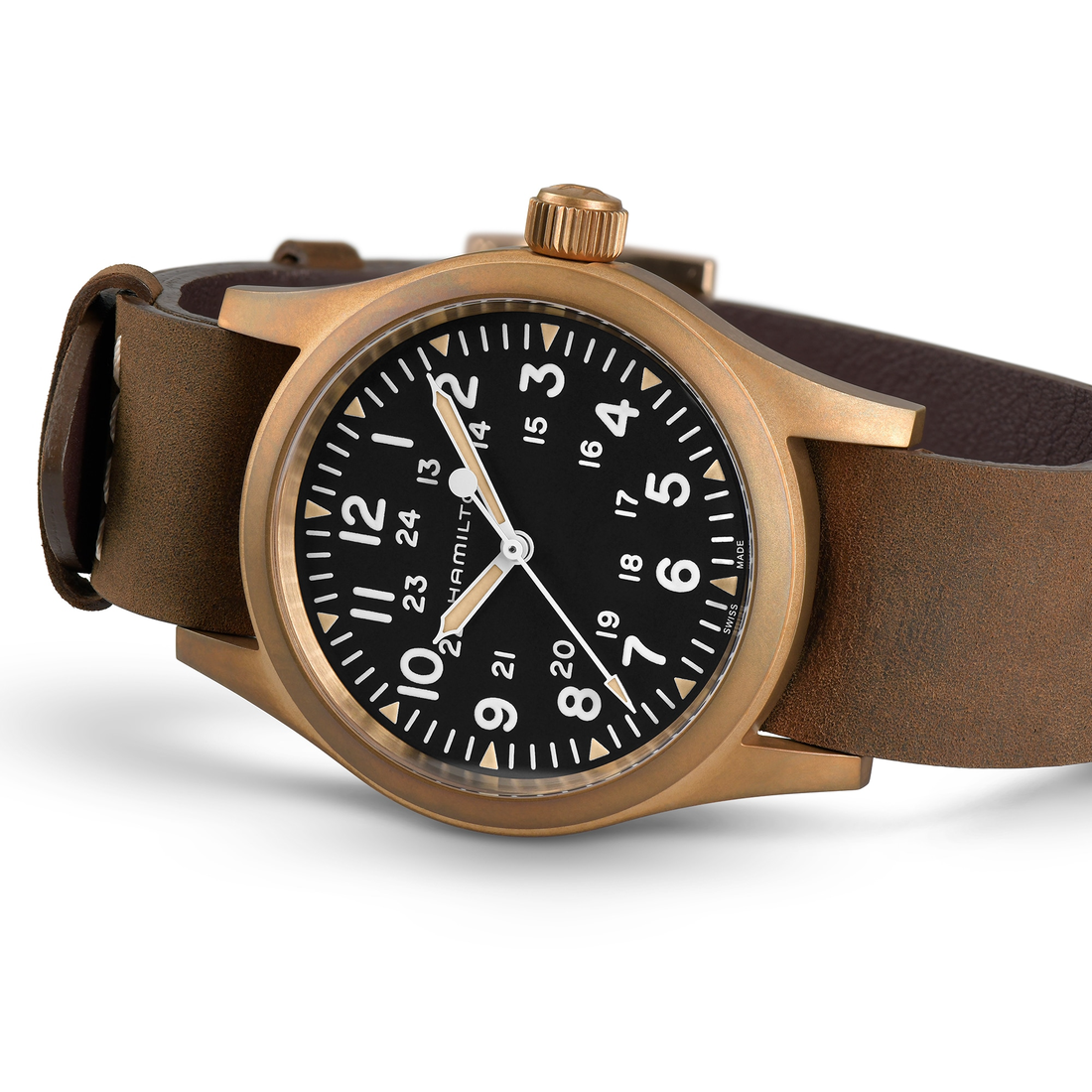 Hamilton Khaki Field Bronce Cuerda Manual 38mm Esfera negra H69459530 - detalle