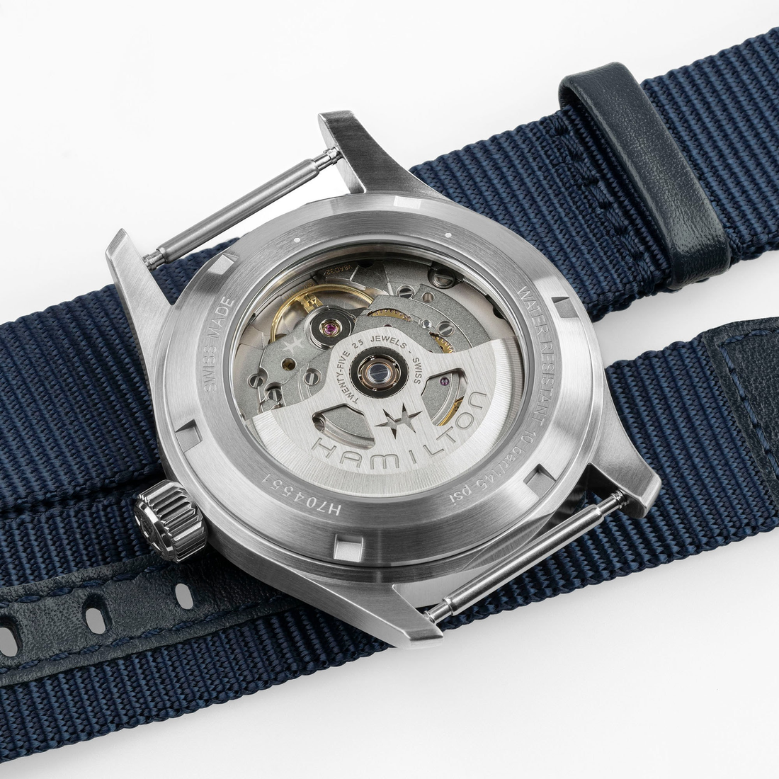 Hamilton Khaki Field Auto 38mm Esfera azul Correa NATO H70455940 - detalle