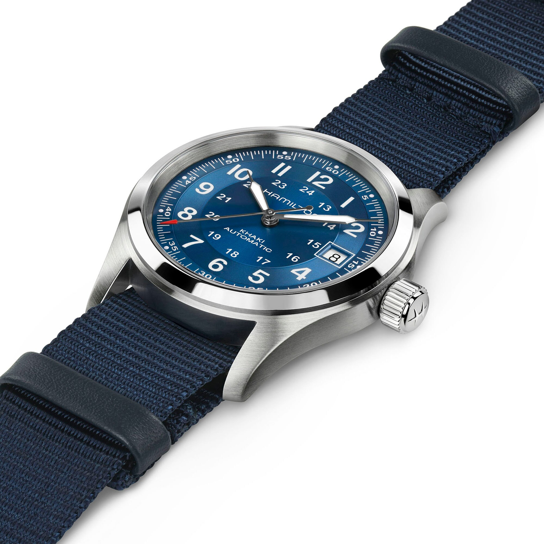 Hamilton Khaki Field Auto 38mm Esfera azul Correa NATO H70455940 - correa extendida