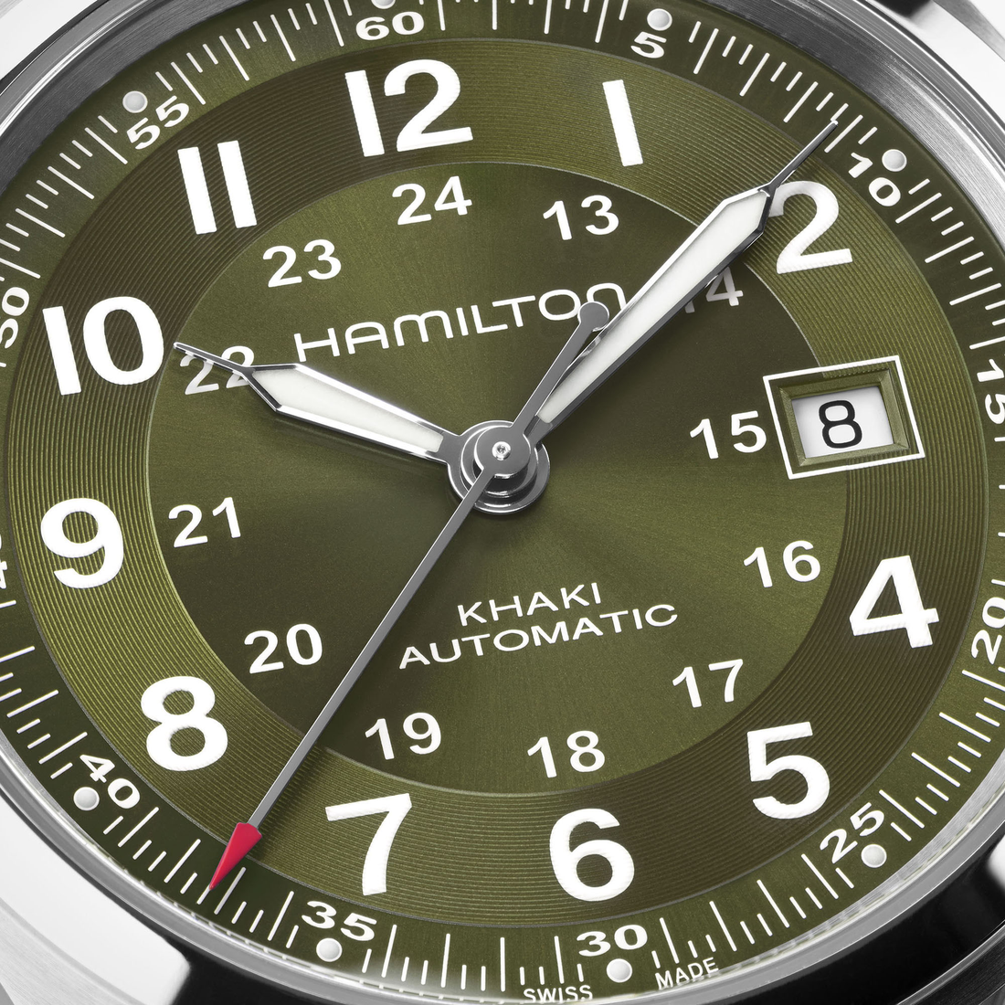 Hamilton Khaki Field Auto 42mm Esfera verde Brazalete de acero H70605160 - detalle