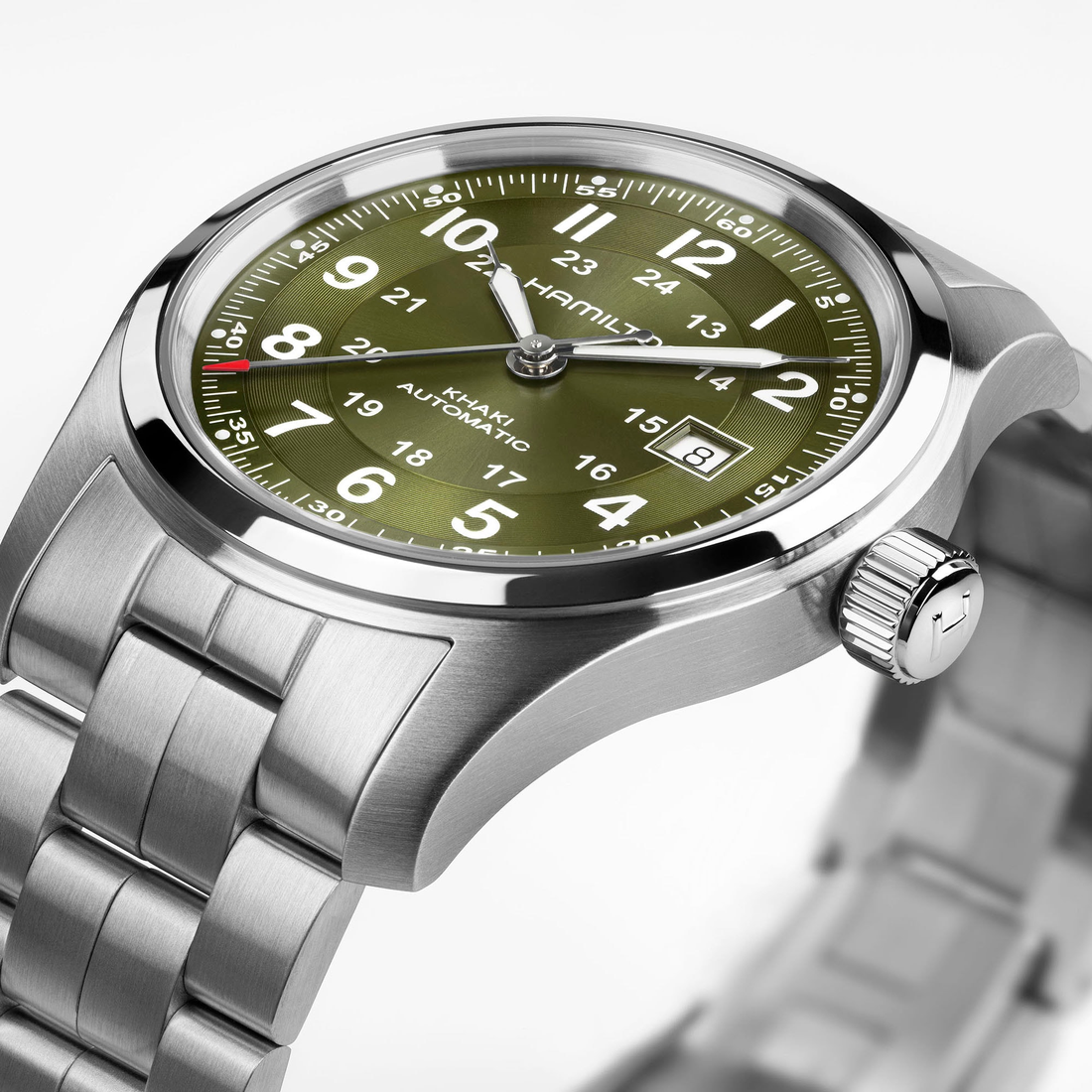 Hamilton Khaki Field Auto 42mm Esfera verde Brazalete de acero H70605160 - detalle