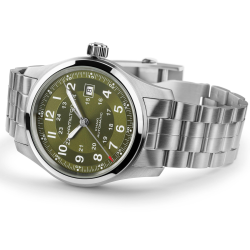 Hamilton Khaki Field Auto 42mm Esfera verde Brazalete de acero H70605160 - correa enrollada
