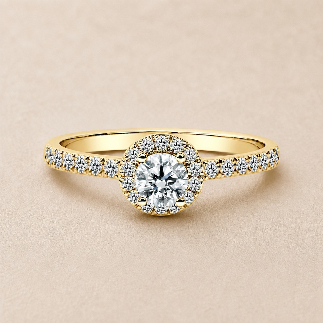 Solitario oro amarillo halo de talla redonda · diamante natural 0,30 ct | Joyería Bellido