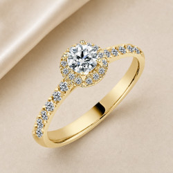 Solitario oro amarillo halo de talla redonda · vista en tres cuartos, diamante natural 0,30 ct | Joyería Bellido