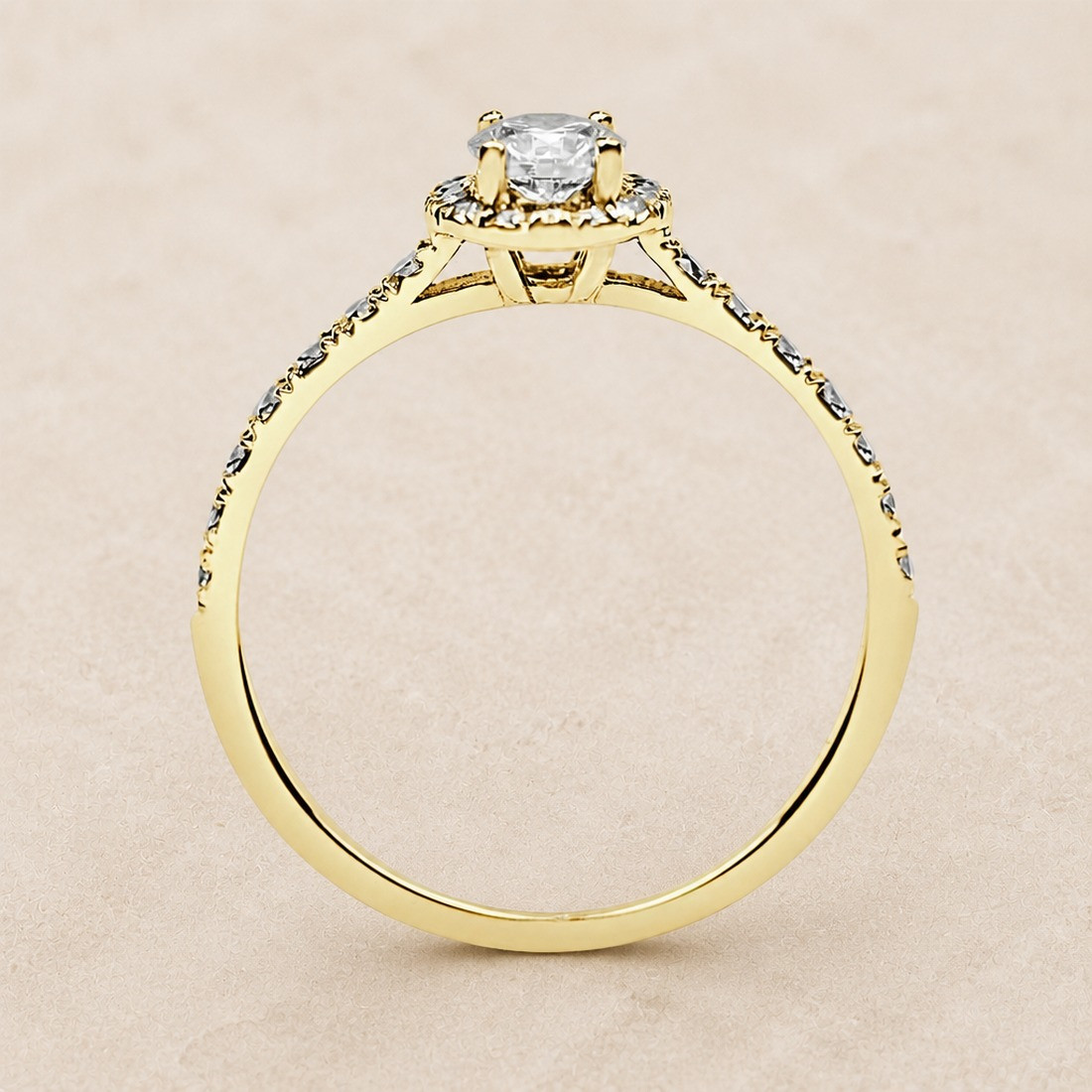 Solitario oro amarillo halo de talla redonda · perfil del engaste, diamante natural 0,30 ct | Joyería Bellido